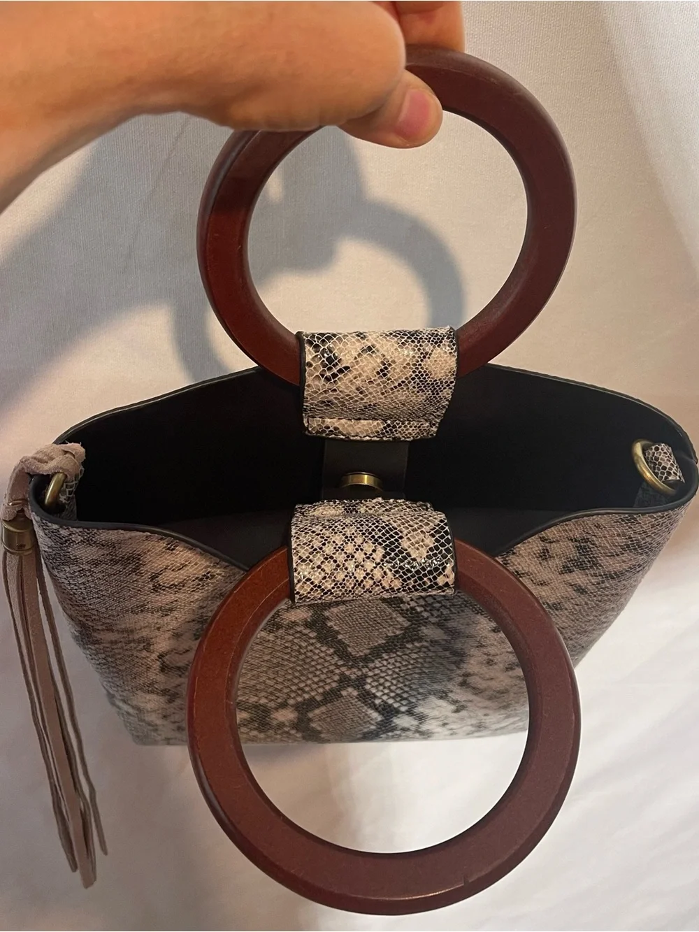 Street Level Nela Snakeskin Print Ring Handle Satchel Bag Grey Black